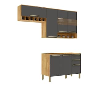 Cozinha Compacta 100% Mdf Com 3 Peças 7 Portas 2 Gavetas Napoli Prime Rio Doce Amendoa-chumbo