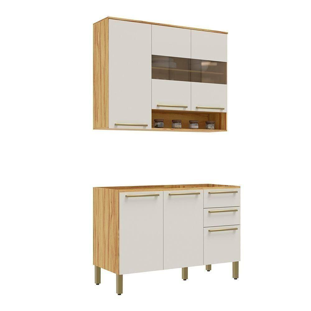 Cozinha Compacta 100% Mdf Com 2 Peças 6 Portas 2 Gavetas Napoli Prime Rio Doce Amendoa-off White