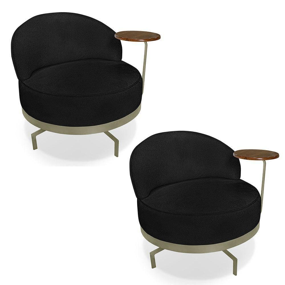 Kit 2 Poltronas Decorativa Andromeda Linho Bouclê Preto Base Giratória De Ferro - Pallazio