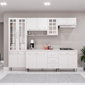Cozinha Modulada Completa Fidelitá Viena 5 Peças 260cm 13 Portas 3 Gavetas Com Tampo Branco
