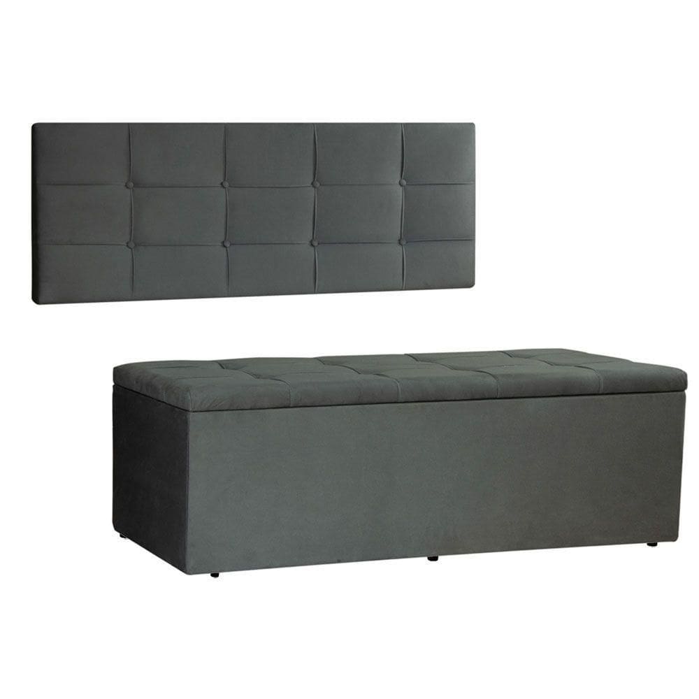 Kit Painel E Calçadeira Baú King 1,95m Roma Suede Cinza - Pallazio