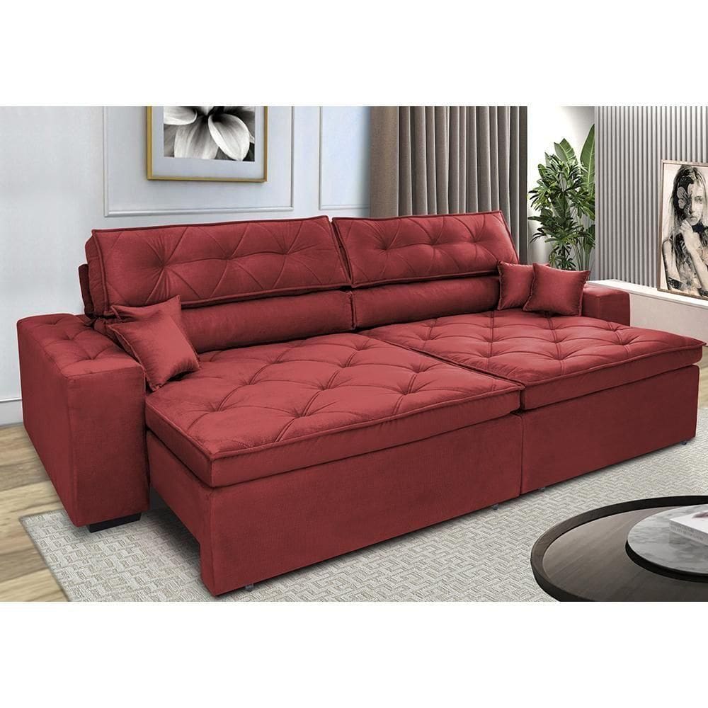 Sofá Retrátil E Reclinável 3,12m Com Molas Cama Inbox Estilo Suede Velusoft Vermelho