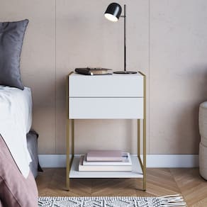 Mesa de Cabeceira 2 Gavetas Industrial Dourado Steel Quadra Branco/Dourado