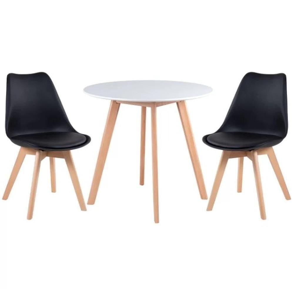 Kit - Mesa Redonda Leda 80 Cm Branco + 2 Cadeiras Estofadas Leda Preto