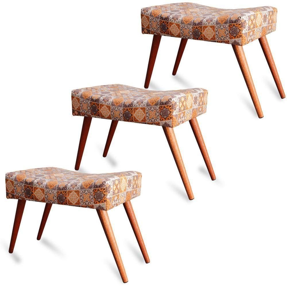 Kit 3 Puff Cama Inbox Bagdade Retangular Com Pés Em Madeira Maciça Tecido Suede