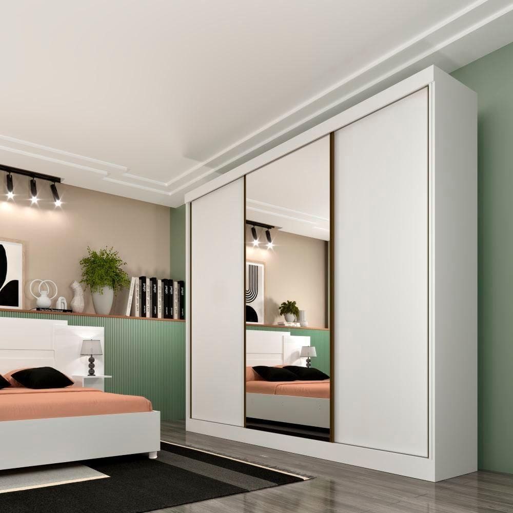 Guarda Roupa Dacar Casal 3 Portas Correr 1 Com Espelho Tcil Cor:Neve