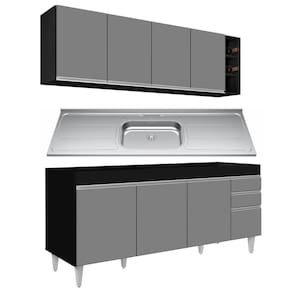 Armário Aéreo Nevada E Balcão Gabinete 180cm Com Pia Dallas Preto-cinza - Lumil