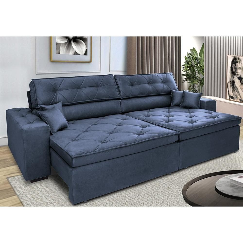 Sofá Retrátil E Reclinável 3,12m Com Molas Cama Inbox Estilo Suede Velusoft Azul