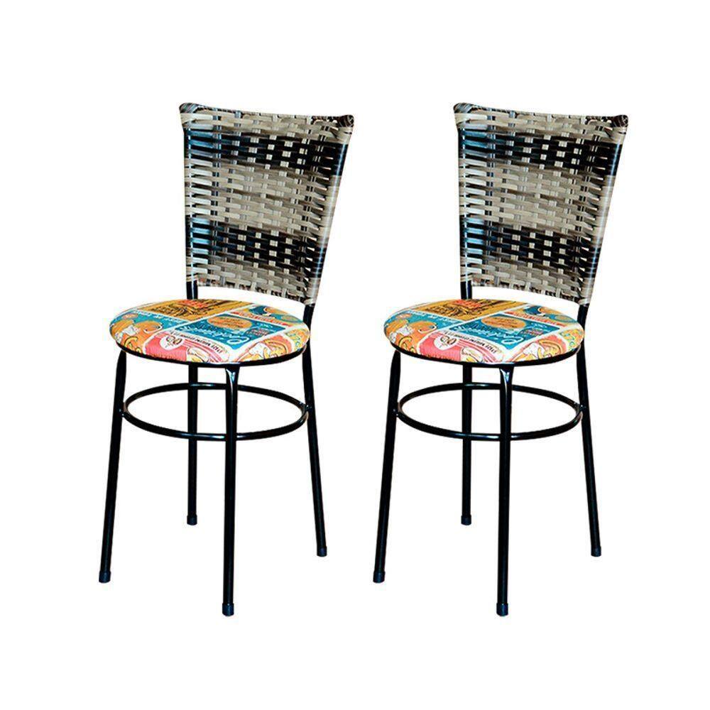 2 Cadeiras Para Cozinha Preta Hawai Cappuccino Premium Assento Floral Cor:happy Hour