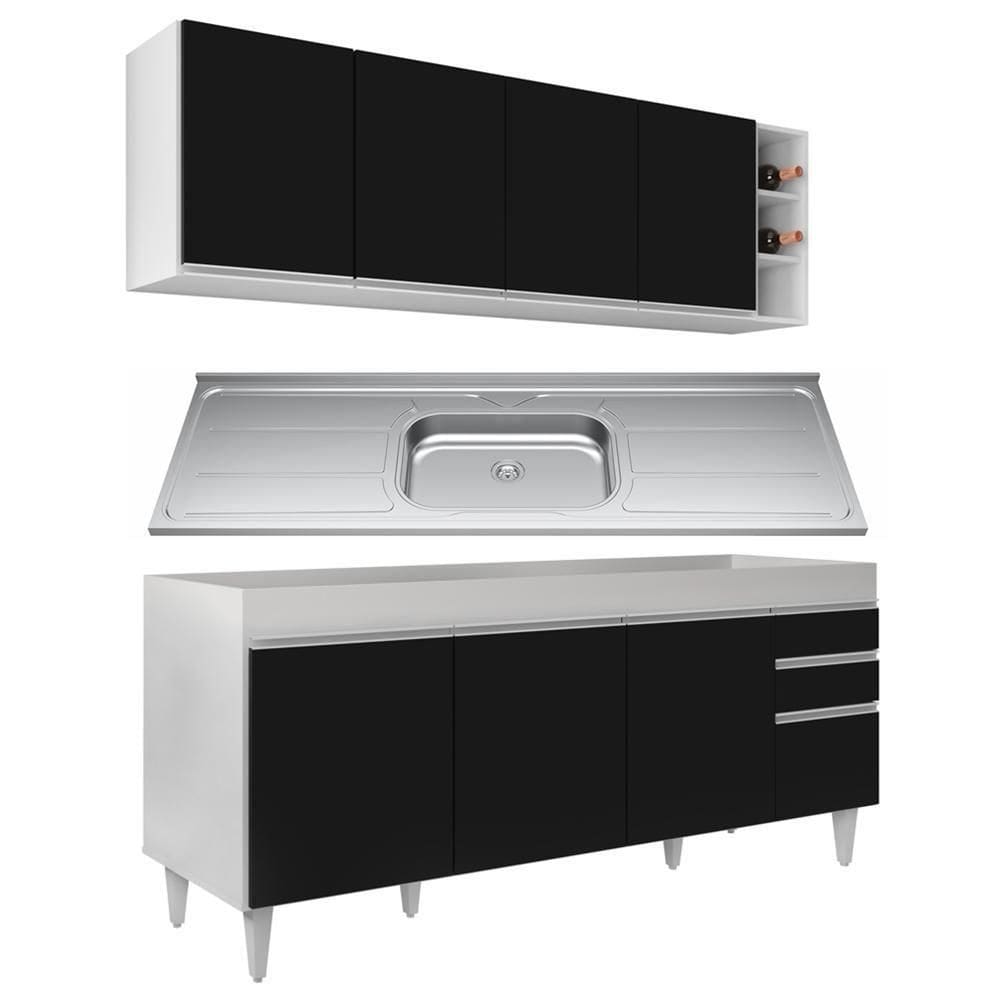 Armário Aéreo Nevada E Balcão Gabinete 180cm Com Pia Dallas Branco-preto - Lumil