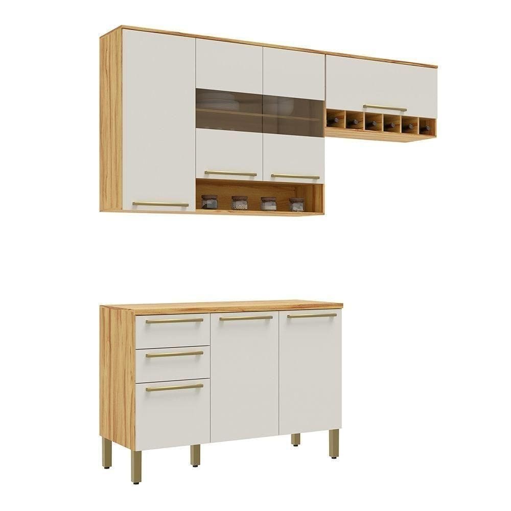 Cozinha Compacta 100% Mdf Com 3 Peças 7 Portas 2 Gavetas Napoli Prime Rio Doce Amendoa-off White