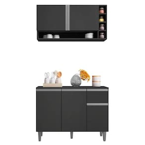 Kit Balcão De Cozinha E Armário Aéreo Elis Cinza