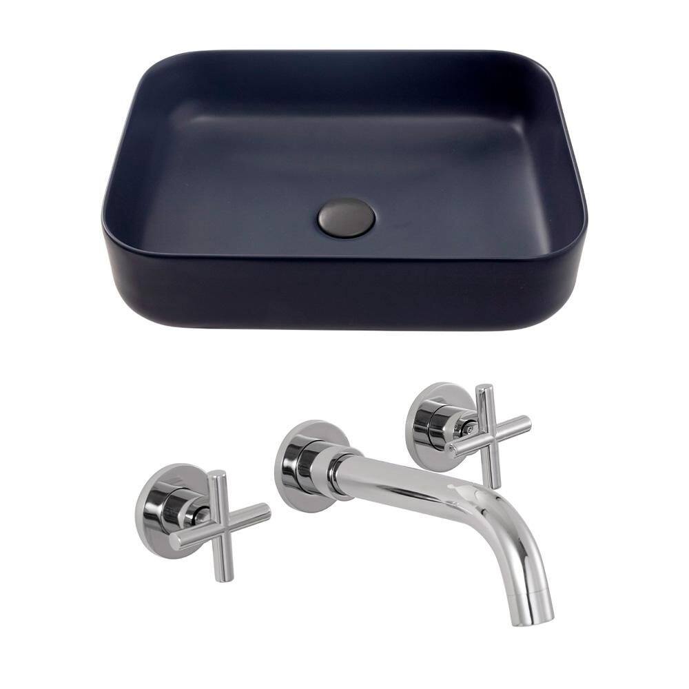 Cuba para Banheiro Retangular Slim Cerâmica Fluorita e Torneira Duplo Comando de Parede Cariús - Cinza Fosco e Prata