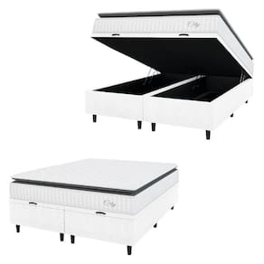 Cama Box Colchão Baú Casal Queen Molas Ensacadas City Pillow Top 158x198x64cm Linho Branco / Preto Hellen Branco/pre