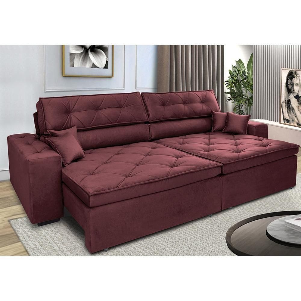 Sofá Retrátil E Reclinável 3,12m Com Molas Cama Inbox Estilo Suede Velusoft Vinho