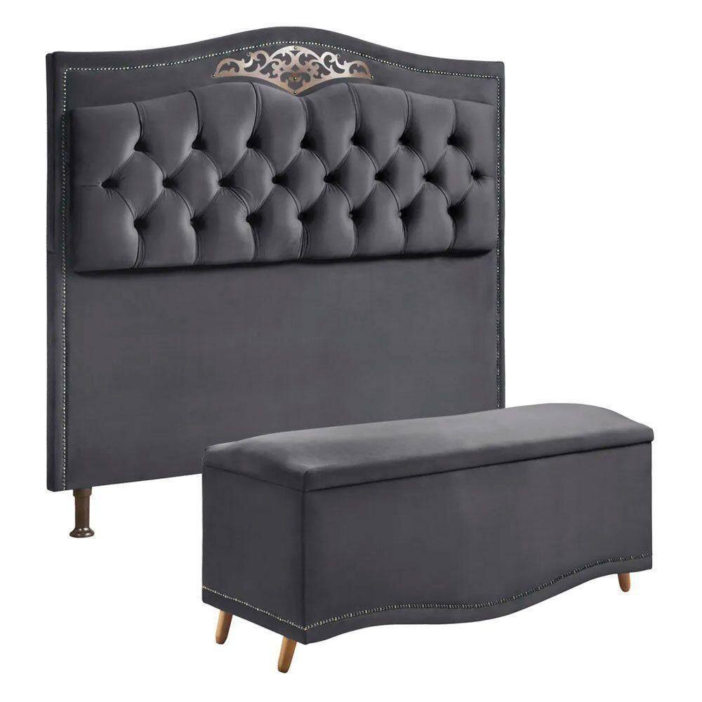 Conjunto Cabeceira E Calçadeira Holanda 90cm Veludo Speciale Home Cinza Chumbo
