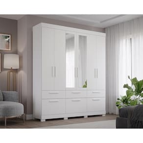 Guarda Roupa 6 Portas 5 Gavetas 1 Basculante Com Espelho 100% Mdf Porto Panan Branco