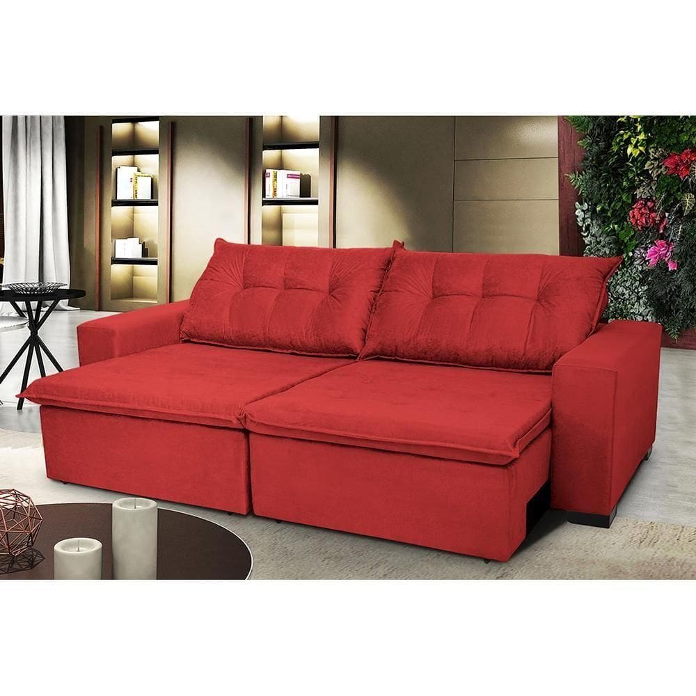 Sofá Austrália 3,12 Mts Retrátil, Reclinável Com Molas E Pillow No Assento Tecido Suede Vermelho
