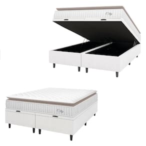 Cama Box Colchão Baú Casal Queen Molas Ensacadas City Pillow Top 158x198x64cm Linho Branco / Bege Hellen Branco/bg