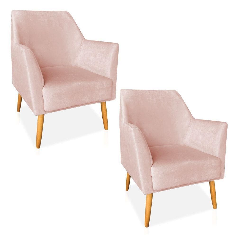Kit 02 Poltronas Decorativa Julia Veludo Pés Palito Castanho Rosa Bebê