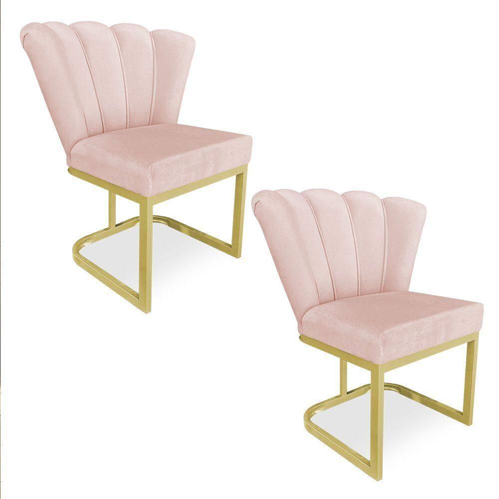 Kit 02 Poltronas Flor Veludo Base Metálica Industrial Dourado - Pallazio Cor Rosa Bebê