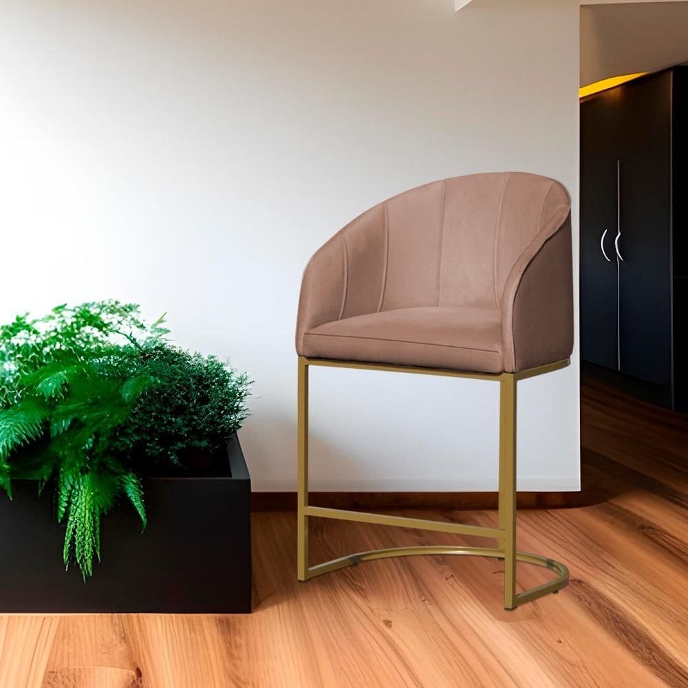 Poltrona Banqueta Decorativa Base Metal Mia Veludo Rosa - LM DECOR