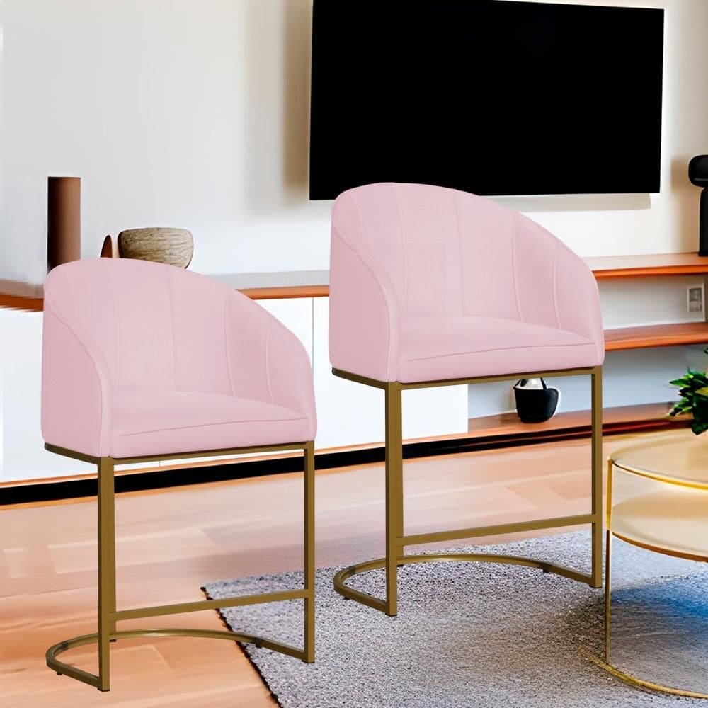 Kit 2 Poltronas Banqueta Decorativa Base Metal Mia Suede Rosa Bebe - LM DECOR