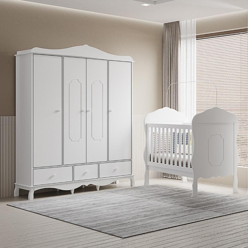 Quarto Infantil Com Berço E Guarda Roupa 4 Portas Branco Canaã Baby