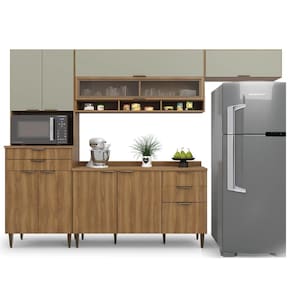 Armário De Cozinha Completa Com Balcão Nicho Para Micro Ondas 9 Portas 5 Gavetas Paris Nogal/verde