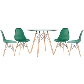 Mesa Redonda Eames Com Tampo De Vidro 100 Cm + 4 Cadeiras Eiffel Dsw Verde Escuro