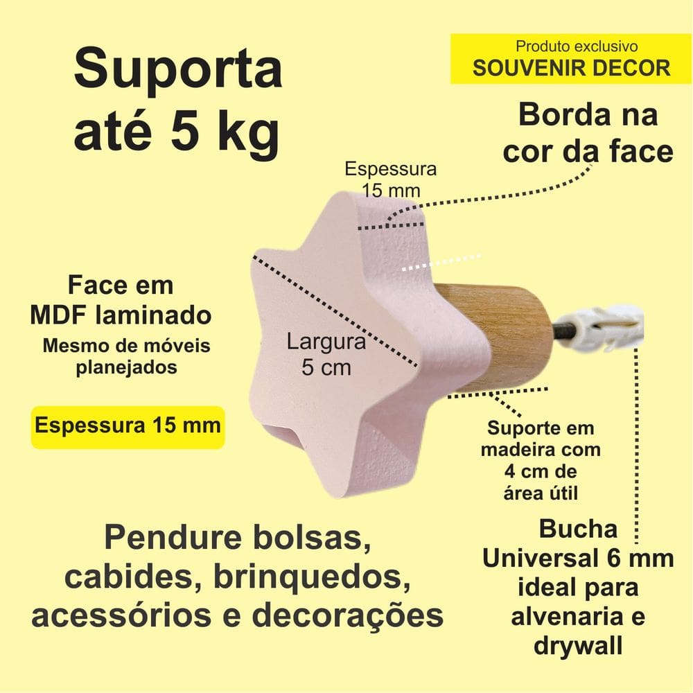 5 Ganchos de parede infantil decoração bebê estrela 5Esbb15