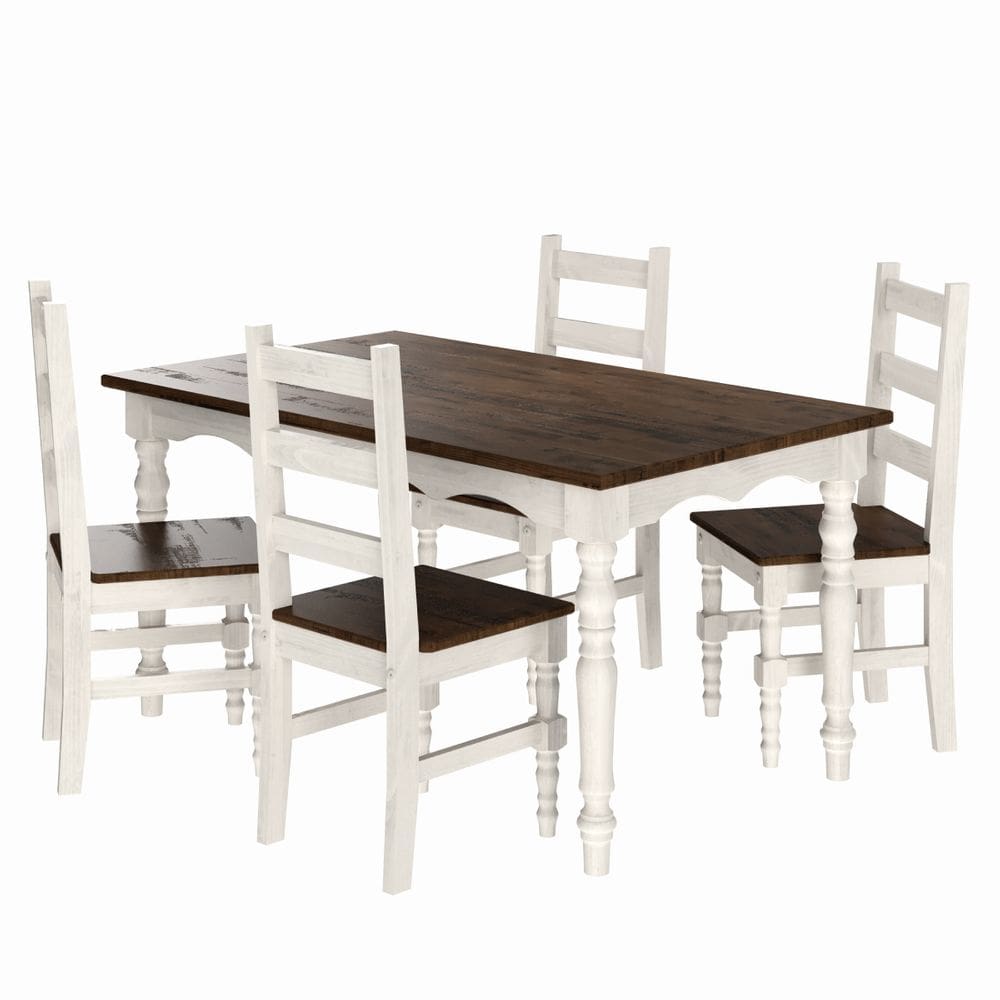Conjunto de Mesa e 4 Cadeiras Torneadas de Madeira Maciça Branco Envelhecido