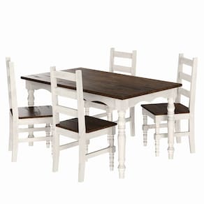 Conjunto de Mesa e 4 Cadeiras Torneadas de Madeira Maciça Branco Envelhecido