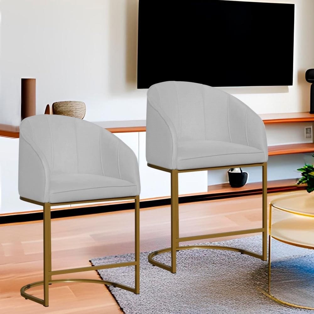 Kit 2 Poltronas Banqueta Decorativa Base Metal Mia Suede Branco - LM DECOR