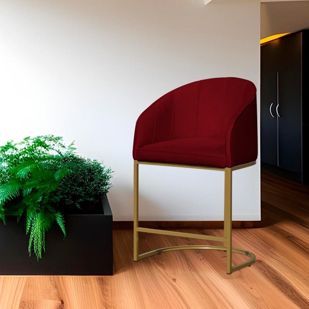 Poltrona Banqueta Decorativa Base Metal Mia Veludo Vermelho - LM DECOR
