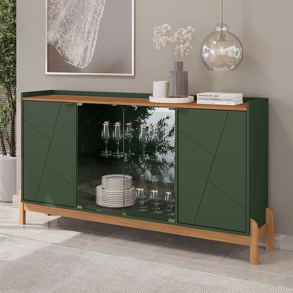 Aparador Buffet Bari 04 Portas c/ Vidro Verde Oliva Cedro Casa D
