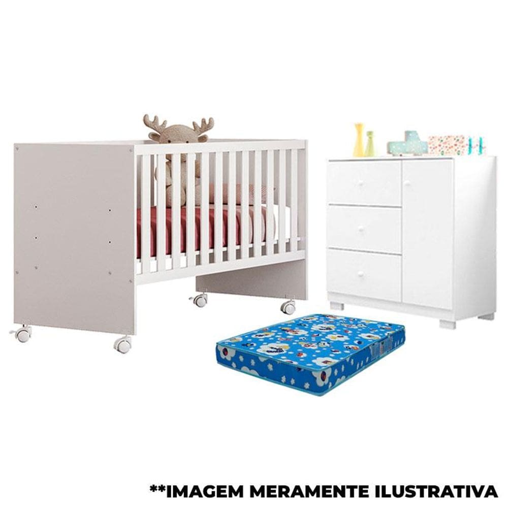 Berço Nacional Doce Sonho 3540 e Cômoda Infantil Duda Branco Brilho com Colchão – Phoenix Baby