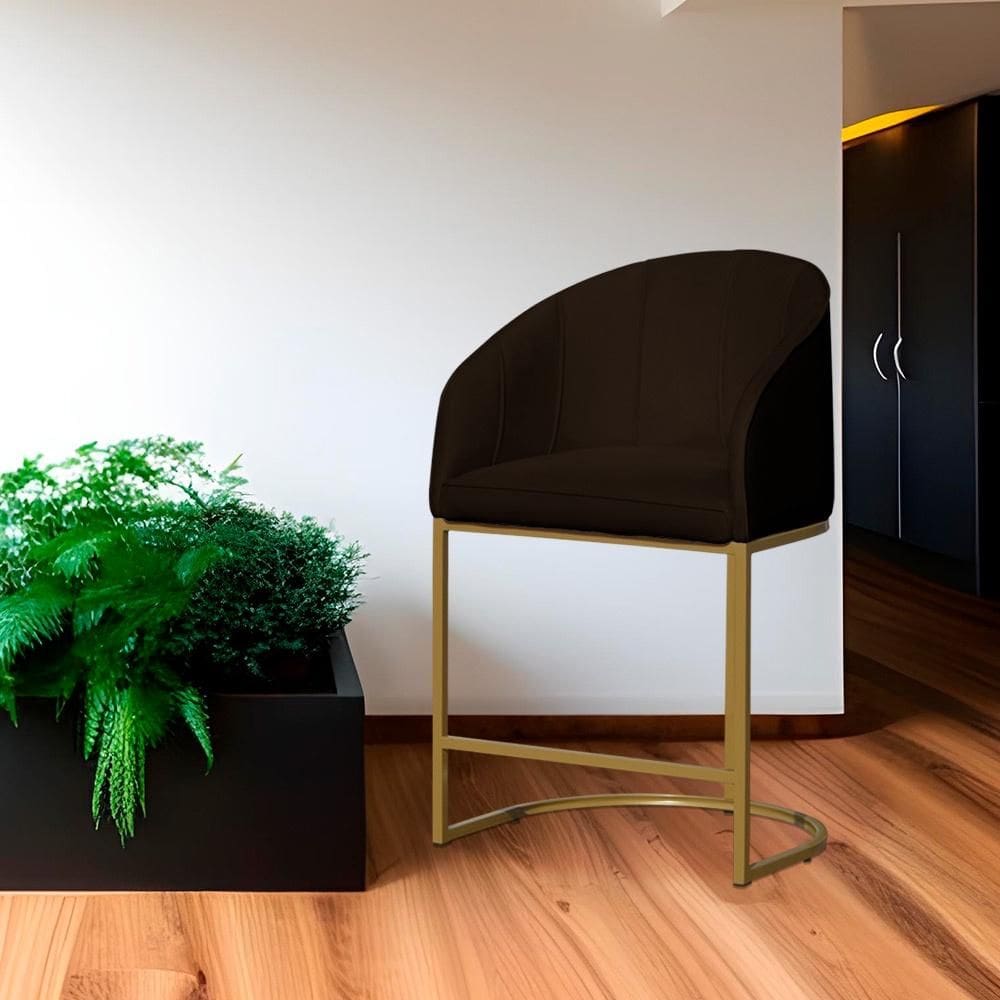 Poltrona Banqueta Decorativa Base Metal Mia Veludo Marrom - LM DECOR