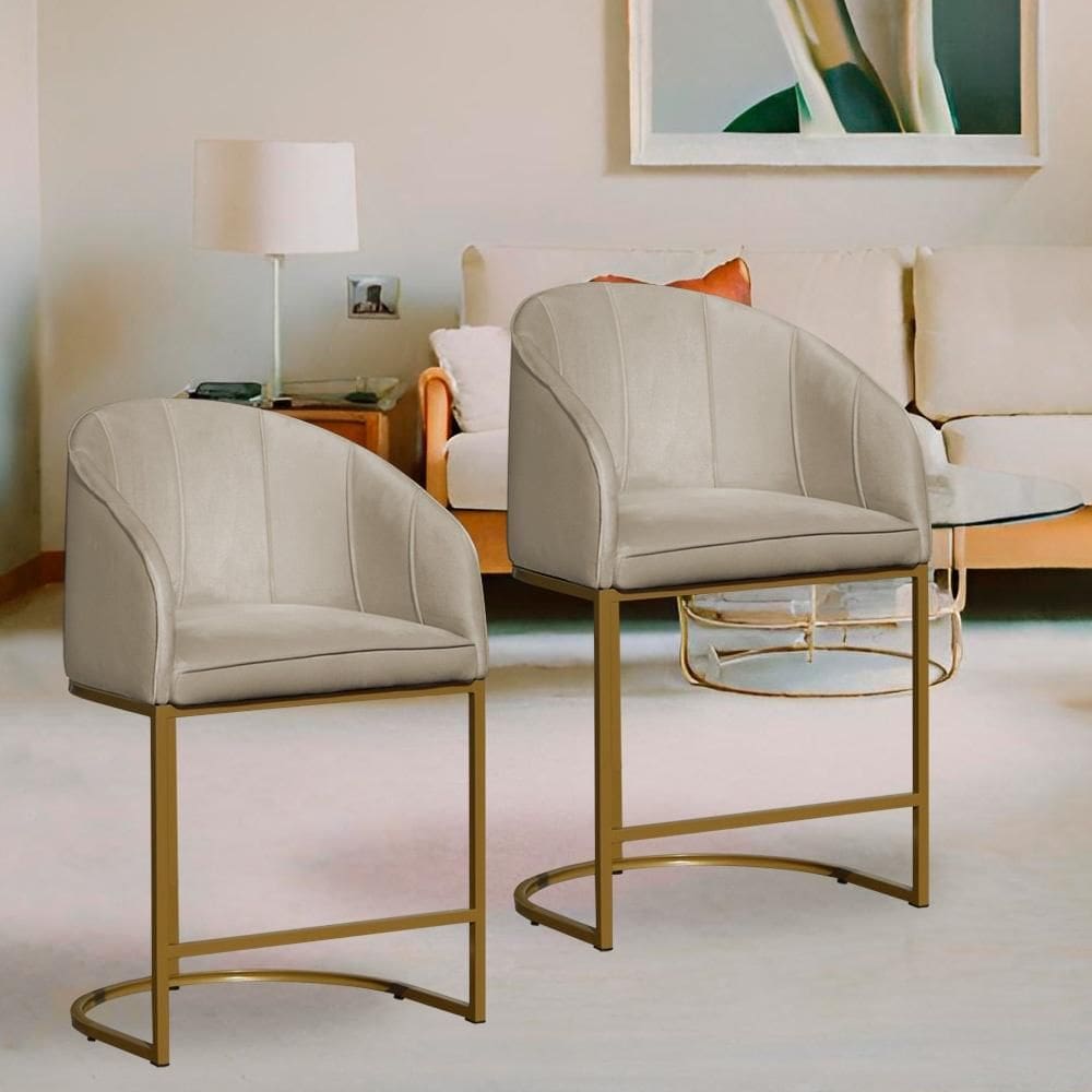 Kit 2 Poltronas Banqueta Decorativa Base Metal Mia Veludo Bege - LM DECOR