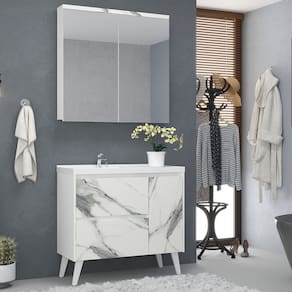 Gabinete de Banheiro 90cm com Lavatório e Armário Ref 910 Branco/Thassos