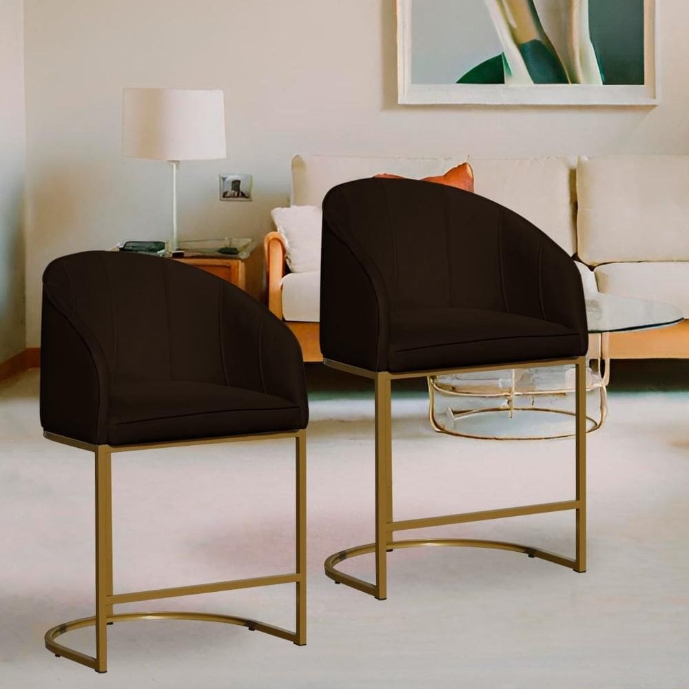 Kit 2 Poltronas Banqueta Decorativa Base Metal Mia Veludo Marrom - LM DECOR