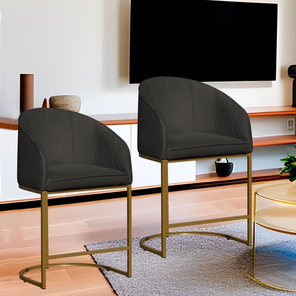 Kit 2 Poltronas Banqueta Decorativa Base Metal Mia Veludo Cinza - LM DECOR