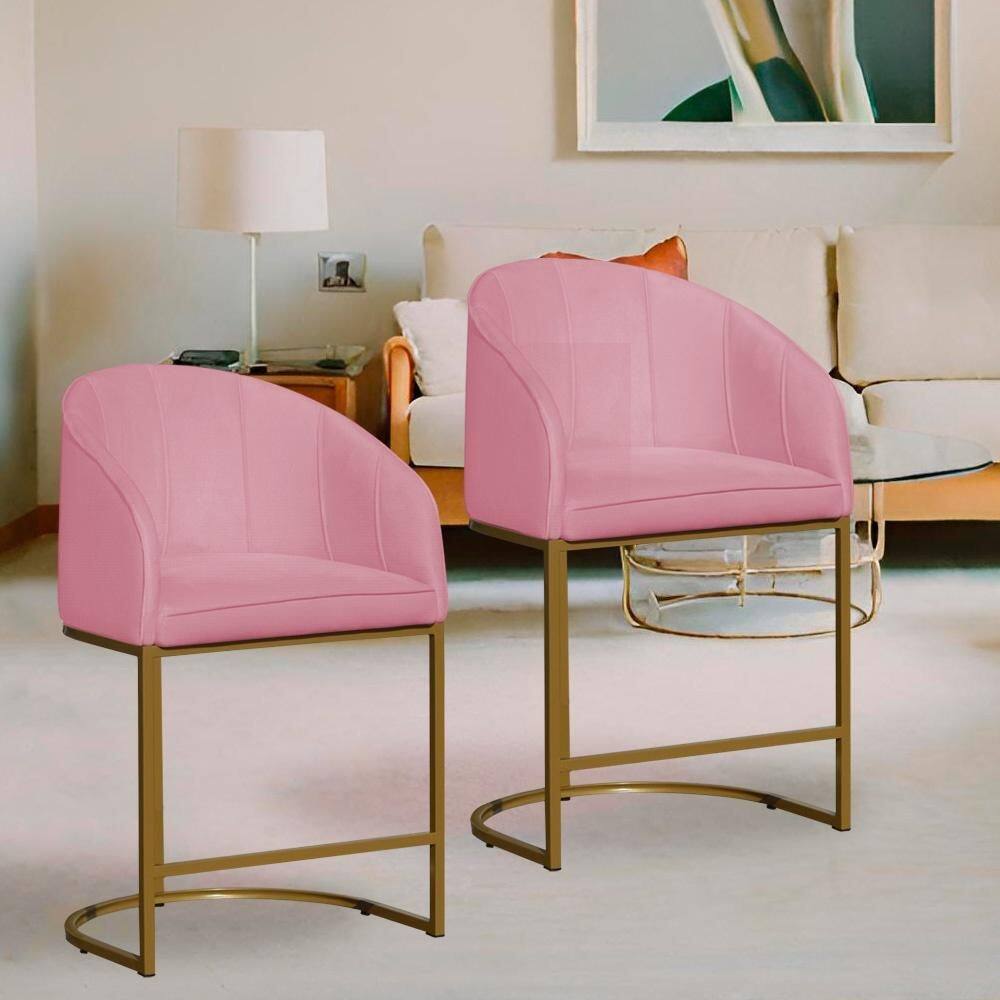 Kit 2 Poltronas Banqueta Decorativa Base Metal Mia Suede Rosa - LM DECOR