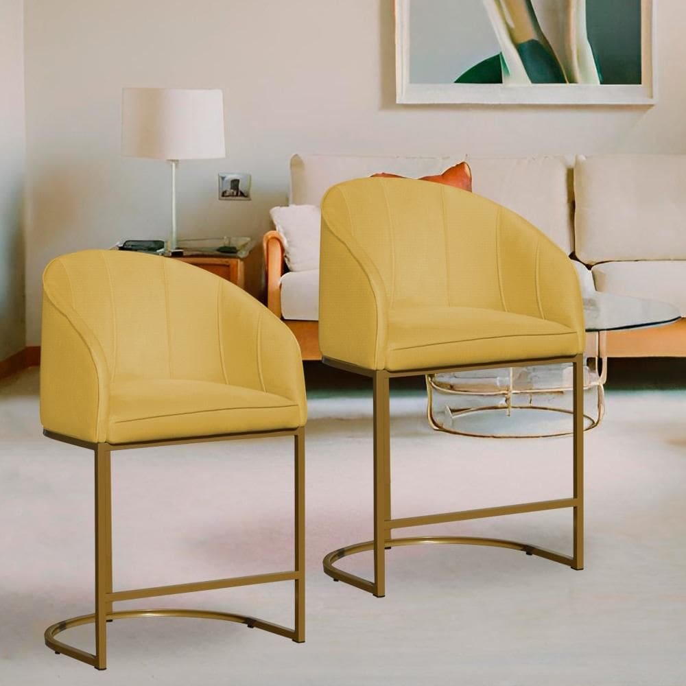 Kit 2 Poltronas Banqueta Decorativa Base Metal Mia Suede Amarelo - LM DECOR