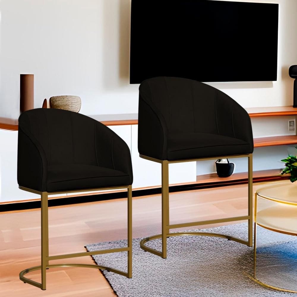 Kit 2 Poltronas Banqueta Decorativa Base Metal Mia Veludo Preto - LM DECOR