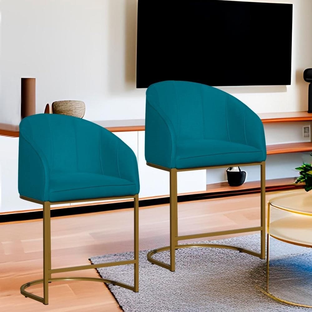 Kit 2 Poltronas Banqueta Decorativa Base Metal Mia Suede Azul Turquesa - LM DECOR