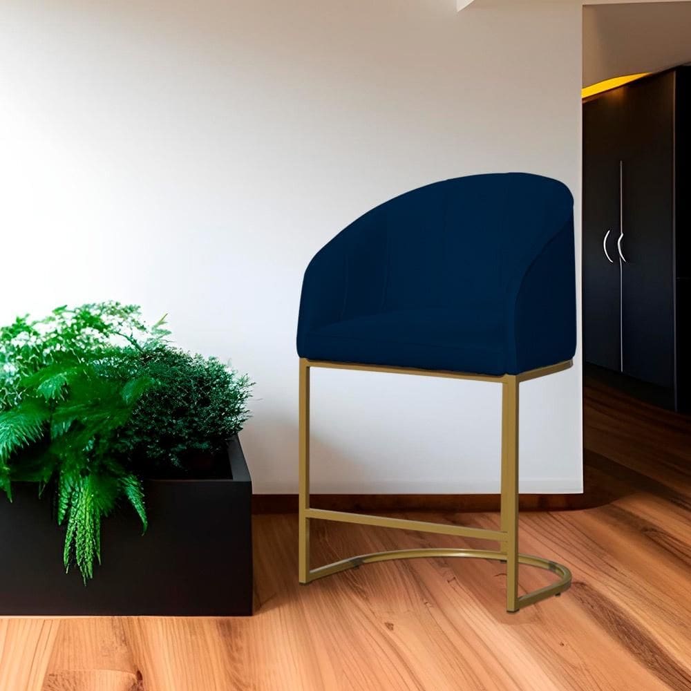 Poltrona Banqueta Decorativa Base Metal Mia Suede Azul Marinho - LM DECOR