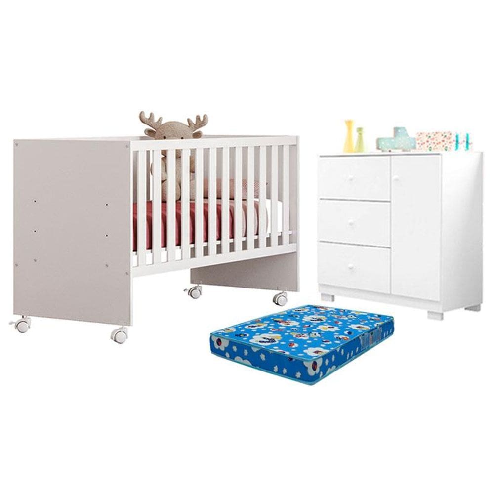 Berço Nacional Doce Sonho 3540 e Cômoda Infantil Duda Branco Brilho com Colchão Ortobom – Phoenix Baby