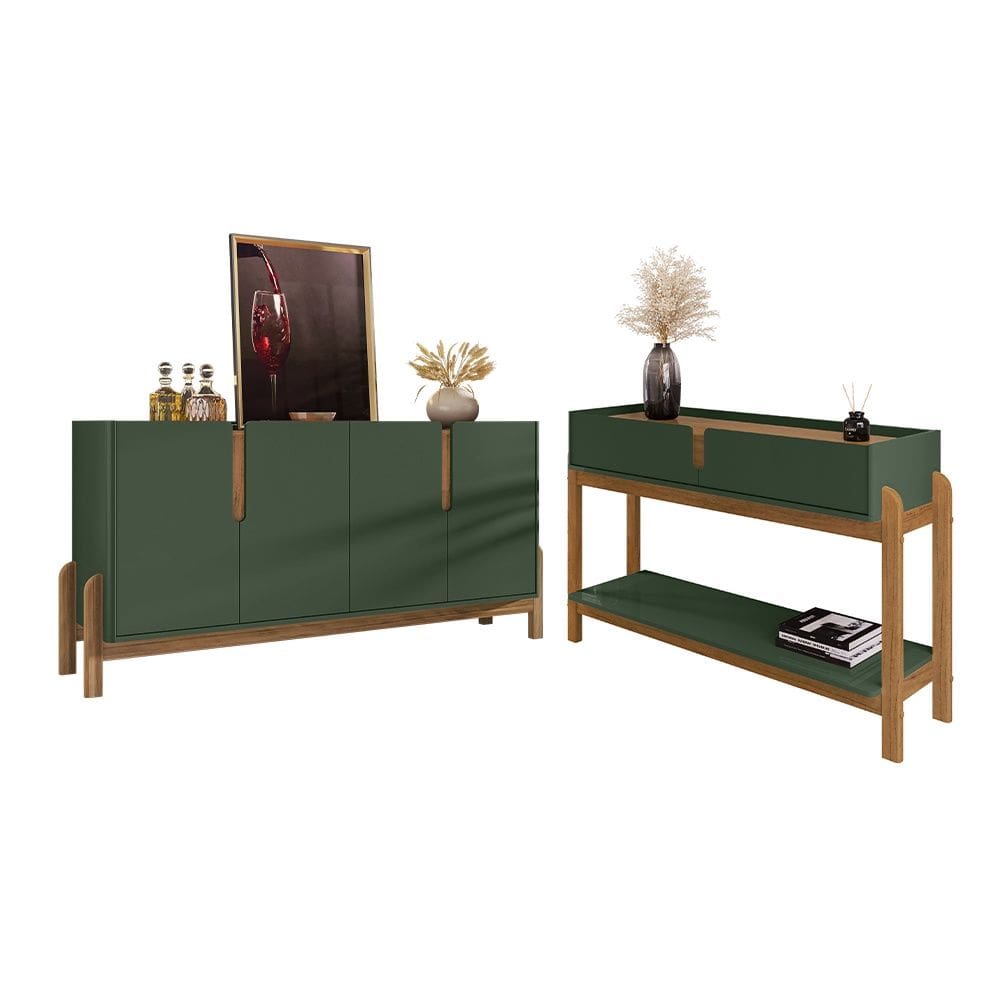 Conjunto Aparador e Buffet 170cm Lizz 04 Portas e 02 Gavetas Verde Oliva Cedro Casa D