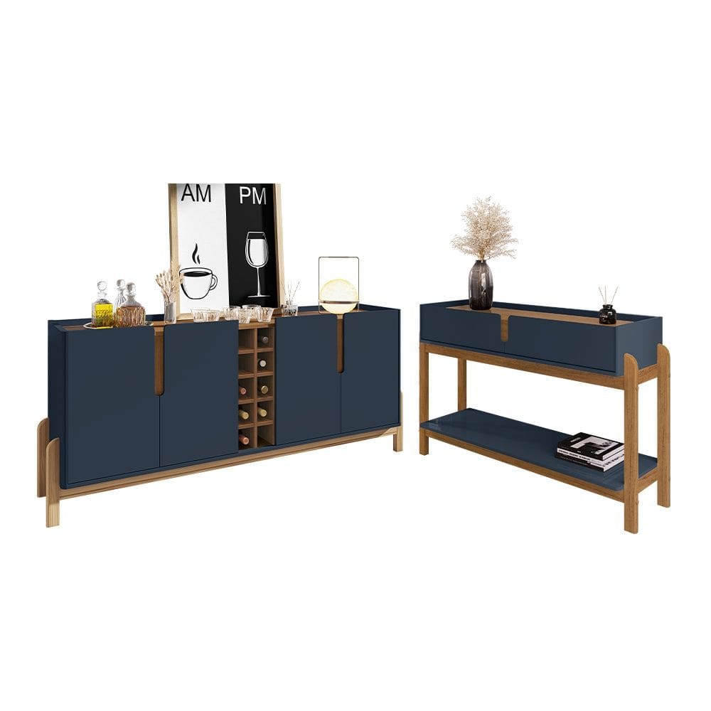Conjunto Aparador e Buffet 190cm Lizz 04 Portas 02 Gavetas Azul Cobalto Cedro Casa D